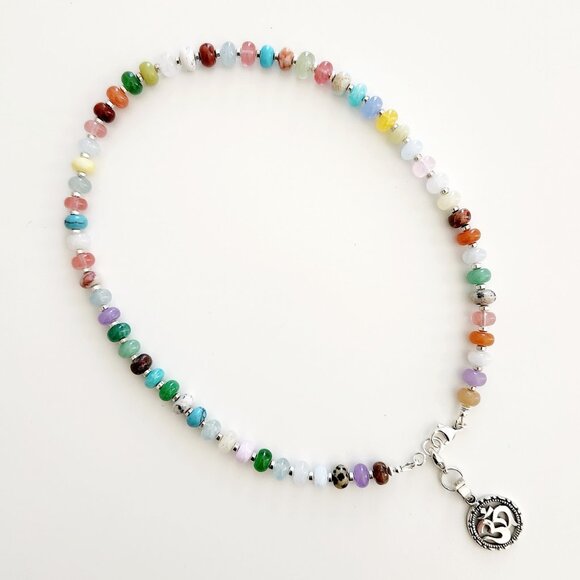 TRENDY MULTI GEMSTONE NECKLACE W/ 925 SILVER OM PENDANT - Picture 2 of 2